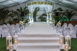 A venue decorated for a Jewish same-sex wedding