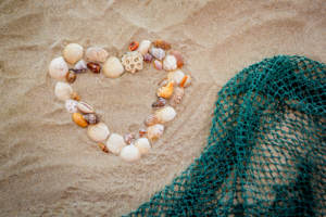 A heart of seashells on the beach next to a net for a destination wedding