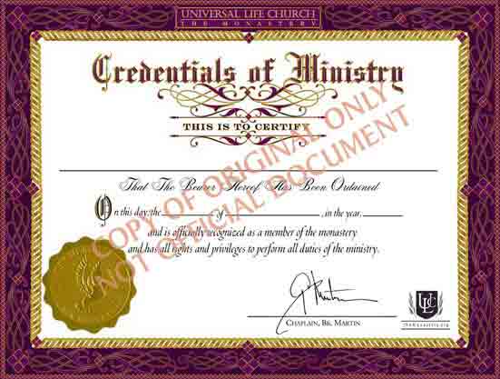 Minister License, Ordination Credential of the Universal Life Church