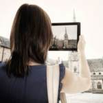 woman with steeple, online church, tablet