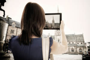 woman with steeple, online church, tablet, multisite church