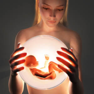 CGI woman holding embryo in a bubble