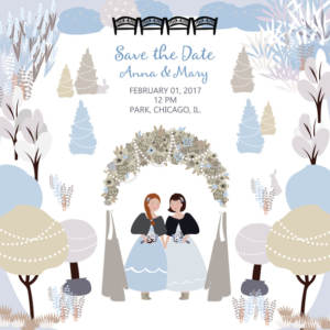 Cartoon card of same sex winter holiday wedding