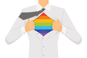 A man opening his button down shirt to reveal a rainbow who is patronizing companies that align with his beliefs