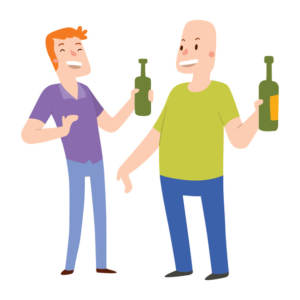 two men drinking from wine bottles representing drug abuse.