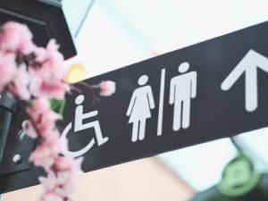 wheelchair accessible bathroom sign seen while planning an accessible wedding