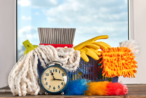 Household cleaning supplies used when learning how to divide chores.