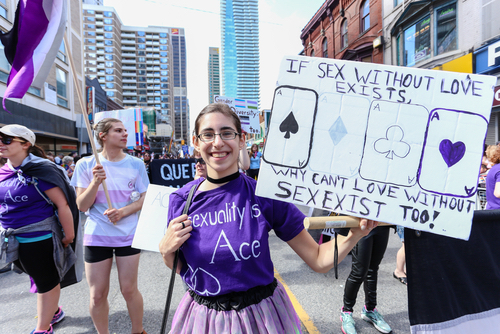 An ace person holding a sign about asexuality