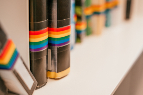 books on a shelf with a rainbow flack celebrating Pride