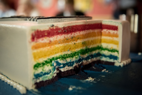 A rainbow cake is a trend for a same-sex wedding