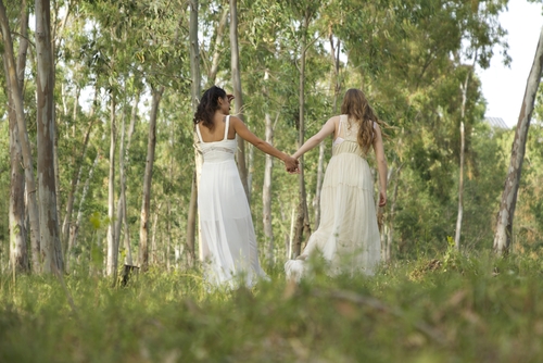 lesbian couple in wedding gowns who chose to ditch a wedding party for their ceremony.