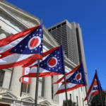 State Of Ohio Flags Waving In Front Of The Statehouse