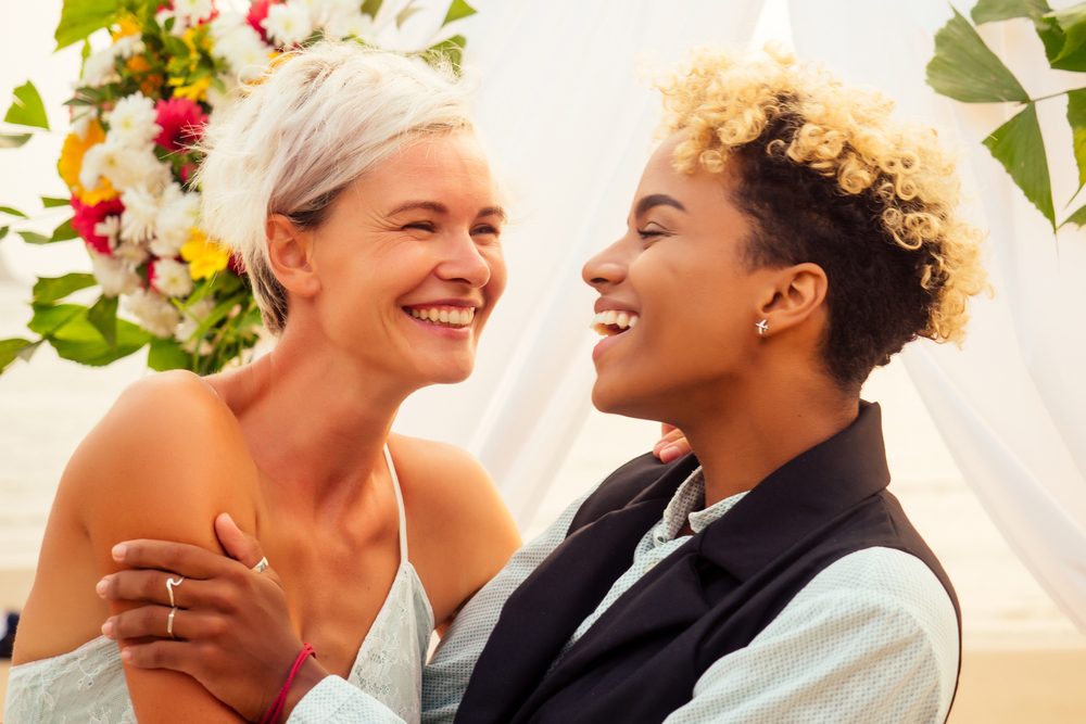 A lesbian couple smiling over a new study on same-sex marriage.